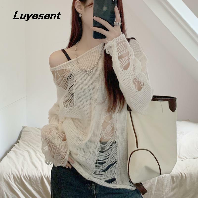 Sweet Lady Hollow Out Loose White Pullover Sweater Y2k Girl Hole Ripped Long Sleeve Casual Thin Sweaters Korean Fashion Clothes #1