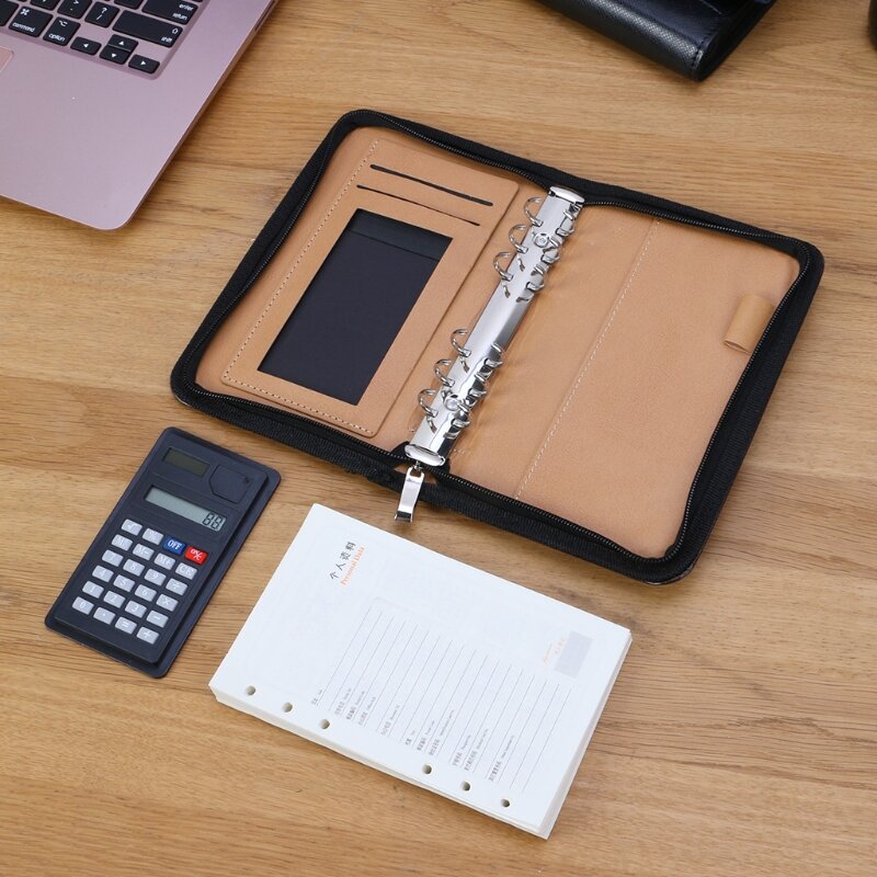 أغطية جلد PU A6 سستة دفتر مفكرة الأعمال فضفاضة ورقة مع آلة حاسبة