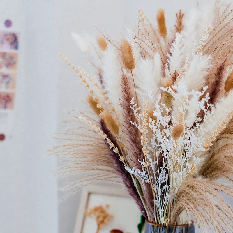 بامباس غراس 90 قطعة زهور مجففة طبيعية-لتزيين المنزل والغرفة ، 100% نبات بامباس طبيعي ديكور هدايا عيد الحب