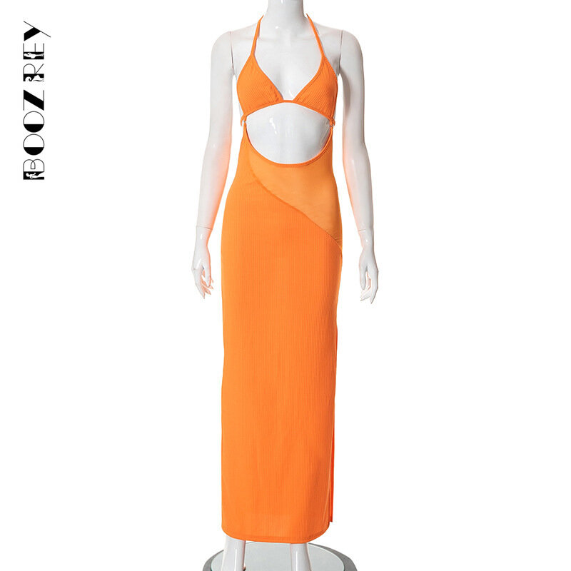 BoozRey Sexy Halter Deep V Sleeveless Detachable Slim Casual Holiday Dress Summer New Women's Clothing Hollow Orange Maxi Dress
