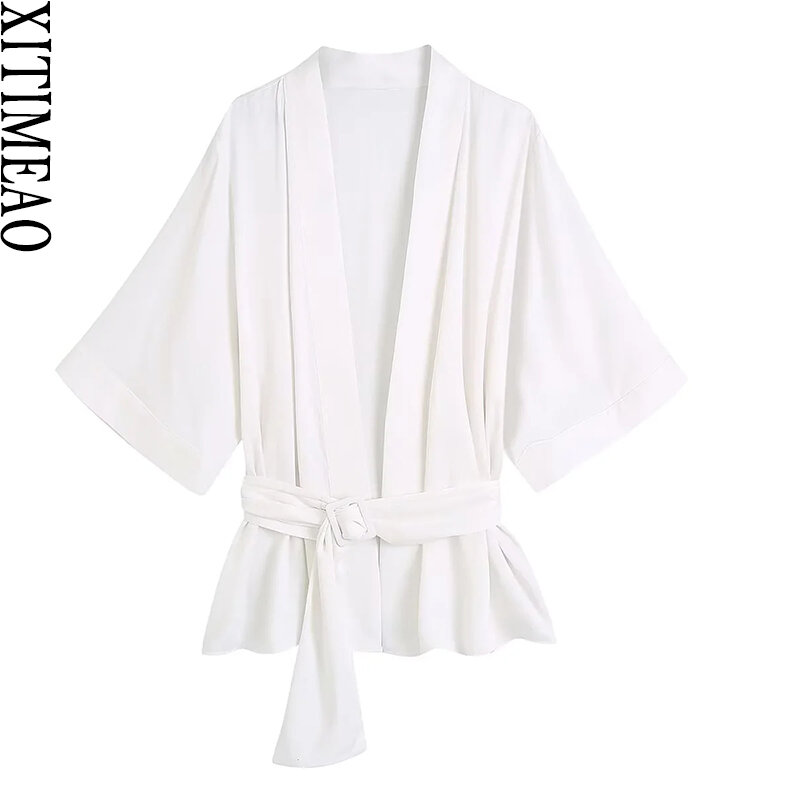 Xitimeao نساء موضة مع حزام أبيض قمصان خمر كم قصير بدون أزرار أنثى البلوزات Blusas شيك القمم #1