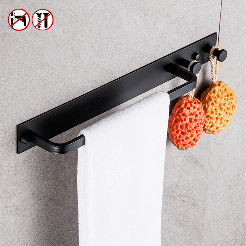 Punch-free Towel Rack Clothes Holder Bathroom Wall Mount Shelf with Coat Hooks