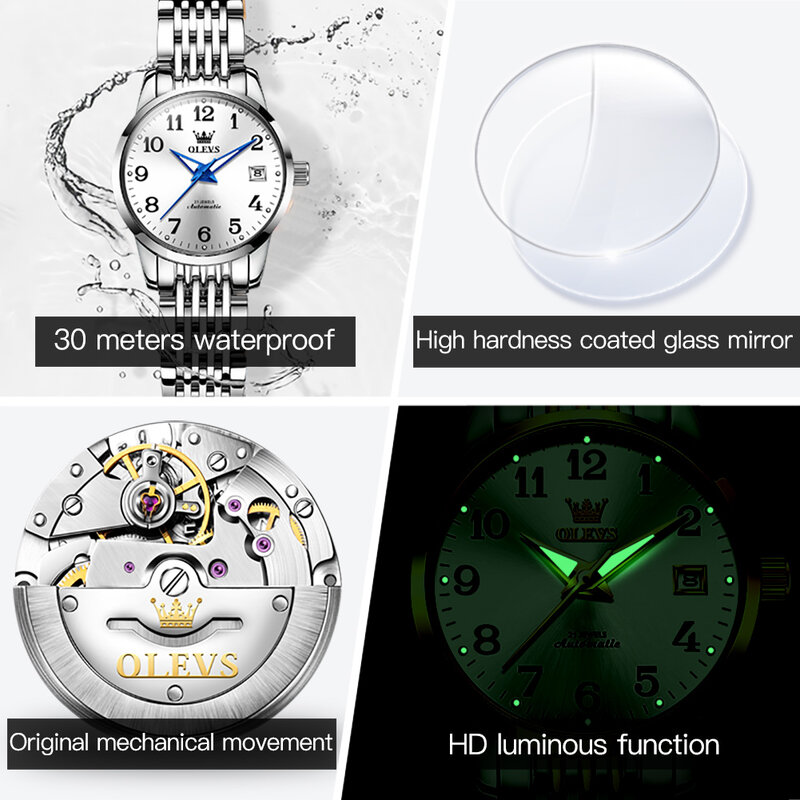 OLEVS أفضل العلامة التجارية الميكانيكية ساعة النساء السويسري الفاخرة النساء ساعة اليد مقاوم للماء الصلب حزام التلقائي ساعات آلية هدية #5