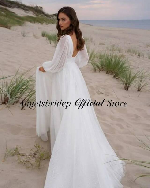 Angelsbridep Tulle Beach Long Sleeves Wedding Dresses 2022 Sexy Split Train Simple Bridal Gowns Boho Backless Robe De Mariée #2