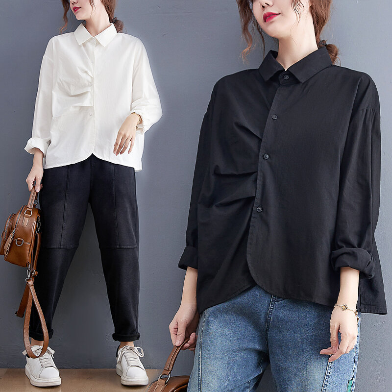 Oladivi Long Sleeve Pleated Shirts for Women's Oversized Clothing Fashion Lady Spring Autumn Casual Loose Blouses Top Blusa 7877