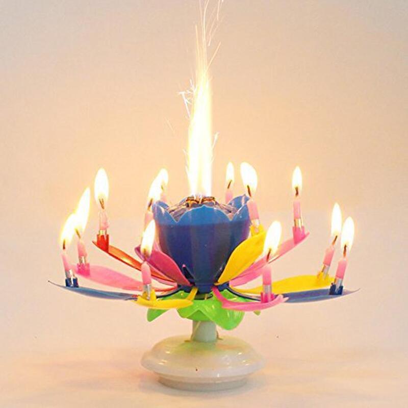 طبقات مزدوجة لوتس الموسيقية عيد ميلاد سعيد الشموع رومانسية مصباح على شكل وردة كعكة الاطفال هدايا الحفلات
