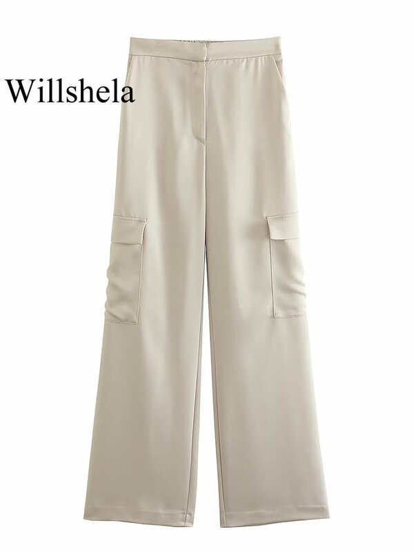 Willshela النساء الموضة مع جيوب البيج الجبهة زيبر واسعة الساق السراويل خمر عالية الخصر الإناث شيك سيدة بنطلون #1