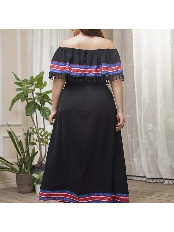 Spot one-line collar high waist long skirt large print skirt new dress women plus size party dress