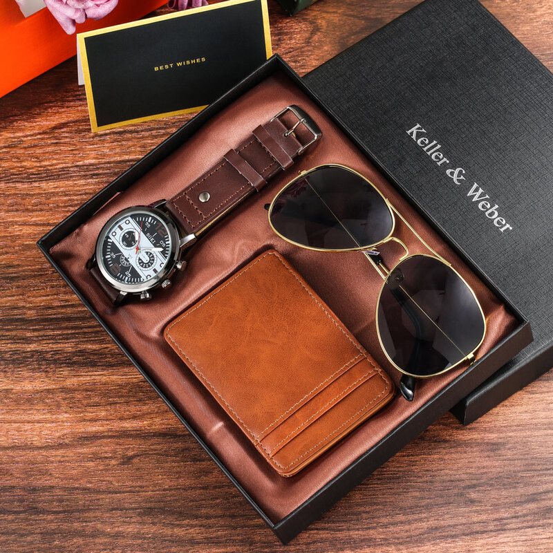 2022 حار بيع ساعة رجالي فاخرة مجموعة شخصية محفظة النظارات الشمسية المألوف كوارتز ساعة اليد مجموعات أفضل الهدايا للزوج