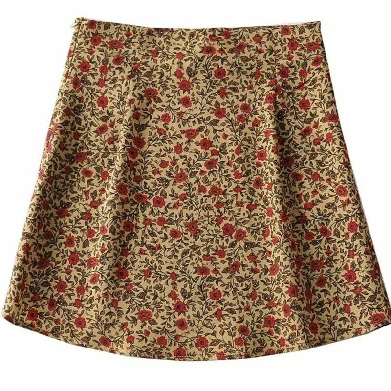 Summer Women Contrast Color Floral Print Mini Skirt Vintage Package Hip  Side Zipper Short Skirts Female High Waist A-line Skirt