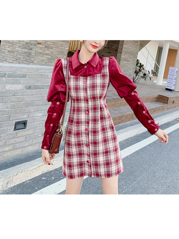 Plaid Stitching Long-sleeved Red Dress Women's Spring And Autumn New Temperament Single-breasted Straight Fake Two Skirt Female