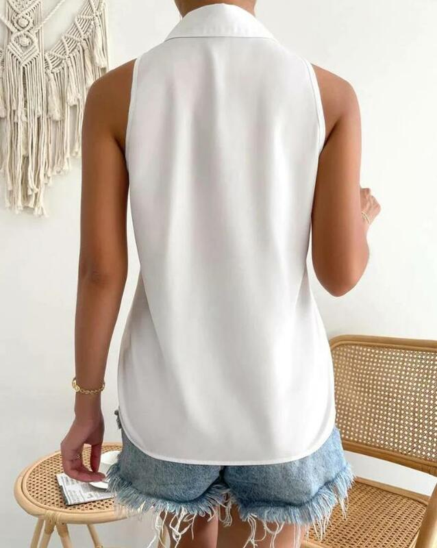 قميص علوي للسيدات موضة صيف 2023 بياقة مقلمة بدون أكمام مزين بأزرار عادية وصغيرة يومية قميص علوي Y2K ملابس