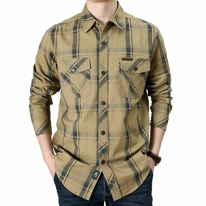 قميص منقوش بأكمام طويلة من القطن قميص غير رسمي لرجال الأعمال لربيع الخريف سترة تكتيكية عسكرية ماركة بلوزة عالية الجودة