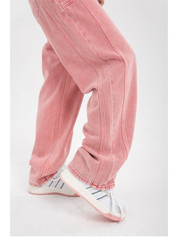 بنطلون جينز عالي الخصر باللون الوردي للنساء موضة كورية Y2K فضفاض كبير وواسع من قماش الدنيم بنطلون ستريتوير فضفاض مستقيم