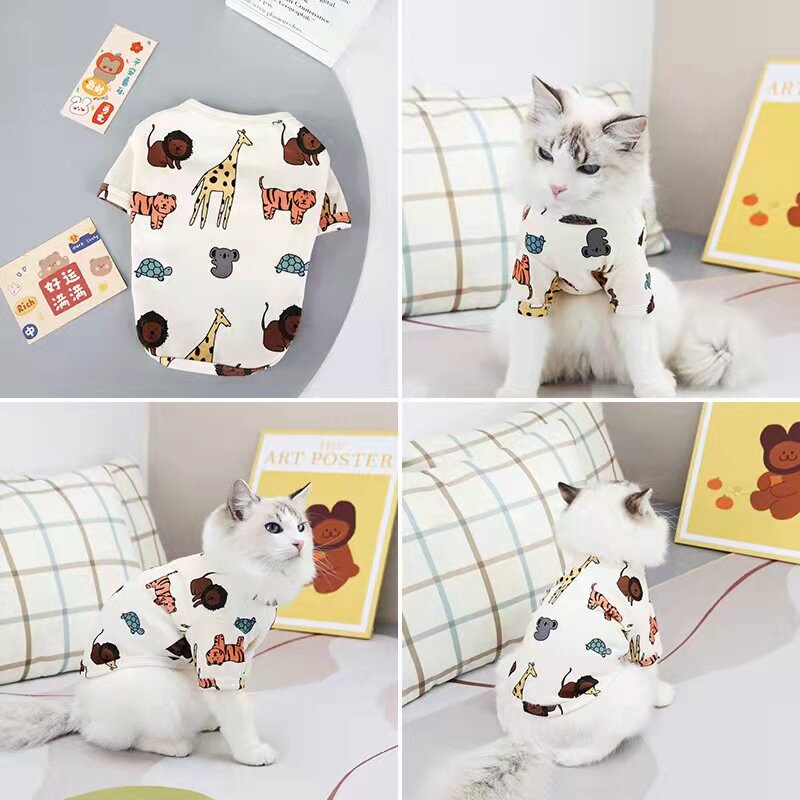 Pet Clothes Lovely Animals Pattern Round Collar Spring Summer High Quality Coat Small Dog Cat T-shirt Hairless Cat Yorkshire