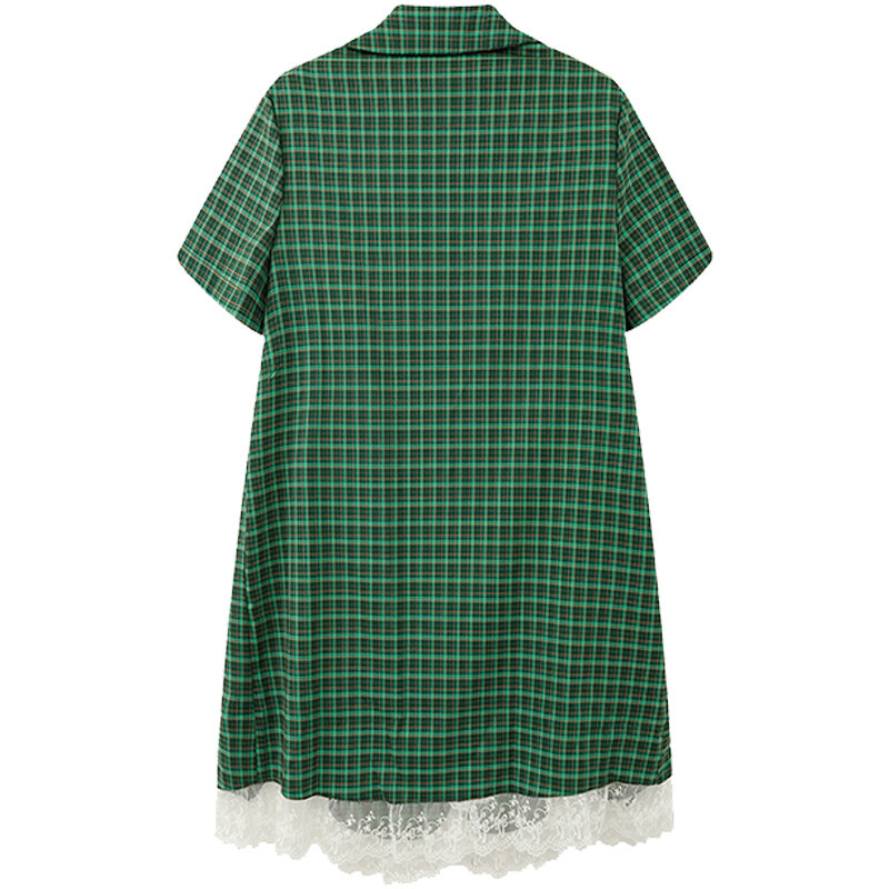 المرأة الخضراء منقوشة دعوى طوق فستان القوس غير النظامية قصيرة الأكمام عادية موضة خمر عالية الخصر فضفاض تنورة قصيرة السيدات الصيف