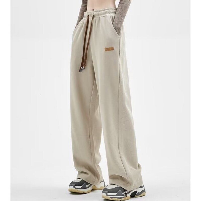 المشمش Sweatpants المرأة الرباط السراويل الفضفاضة خمر النمط الأمريكي الشارع الشهير موضة أنثى مستقيم بنطلون واسع الساق #1