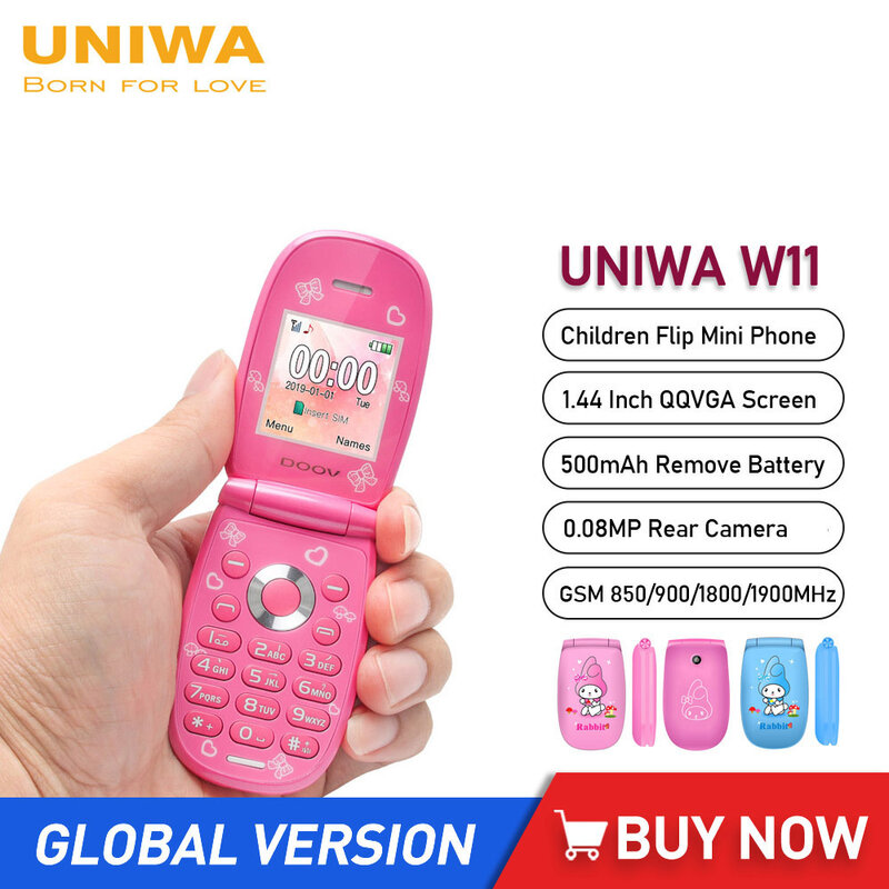 هواتف UNIWA DOOV W11 صغيرة قابلة للطي GSM رباعية الموجات مع لوحة مفاتيح للأطفال شاشة 1.44 بوصة 500mAh 0.08MP كاميرا هاتف محمول صغير