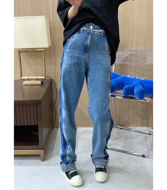 بنطلون جينز عالي الجودة ماركة ADER بألوان متباينة مغسول مرتفع الخصر مستقيم للرجال والنساء بنطلون للجنسين