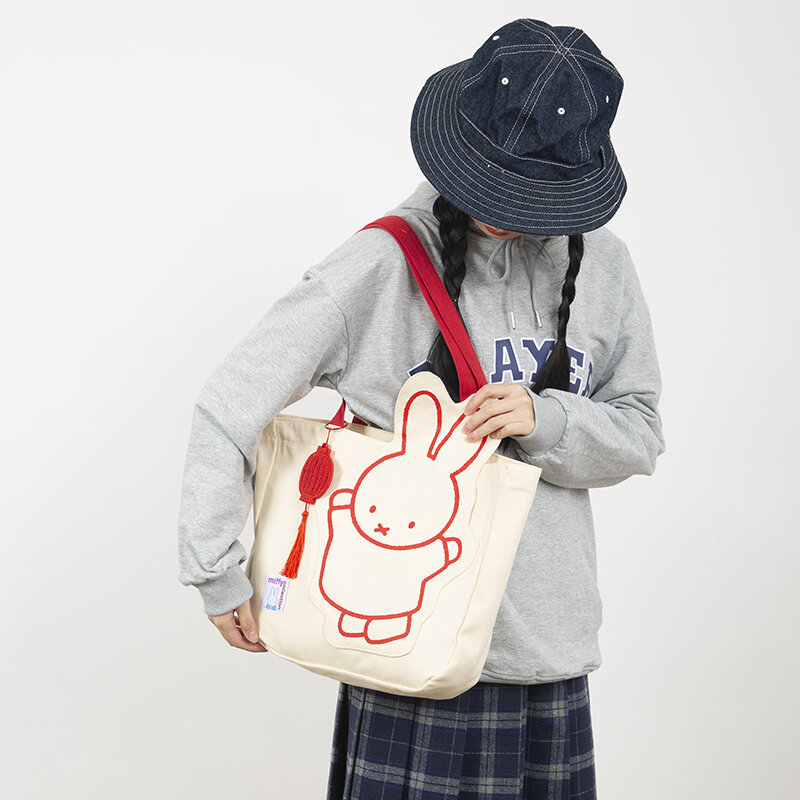 Miffys Kawaii السنة الجديدة حقيبة قماش قنب موضة واحدة الكتف حقيبة ساعي لطيف الكرتون أرنب طالب حقيبة يد للتسوق #4