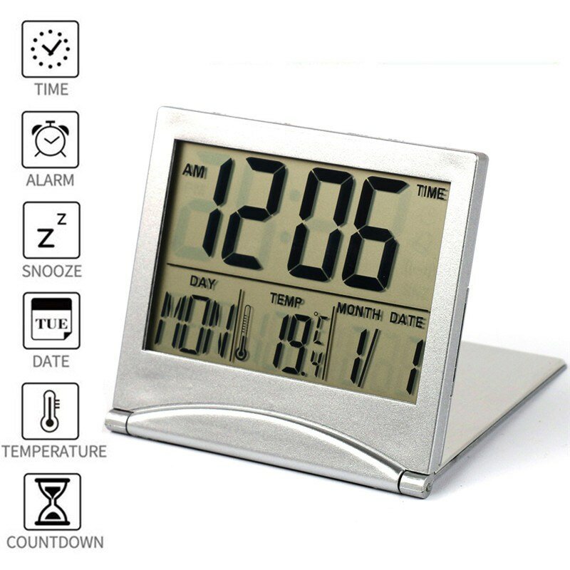 للطي ساعة بشاشة LCD منبه رقمي على مدار الساعة مكتب السفر ساعة إلكترونية درجة حرارة الجدول