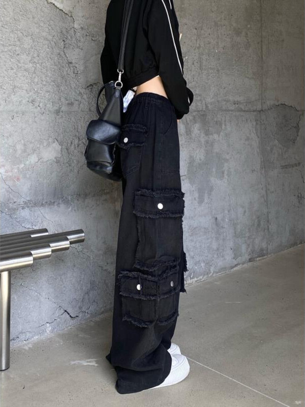بنطال جينز هاوتشو Y2K جرونج أسود للشحن للسيدات بنطلون هاراجوكو هيبي قوطي واسع الساق كبير الحجم بنطلون دينم