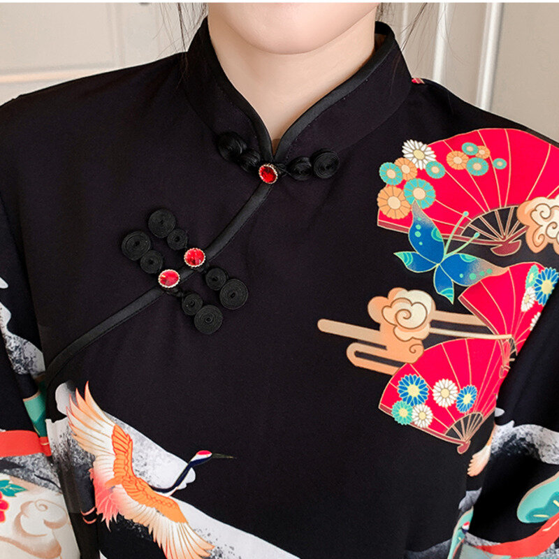 منتصف طول فتاة الموضة شيونغسام الوطنية نمط خمر الأسود مطبوعة تشيباو المرأة فضفاض حجم كبير فستان صيني حديث تحسين