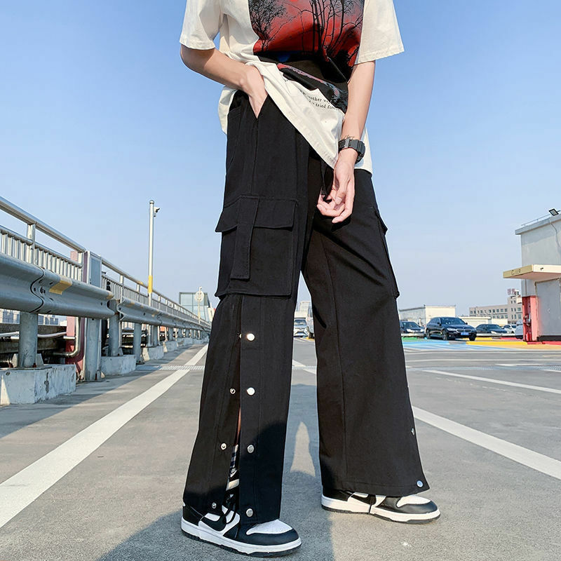 2022 جديد الرجال القطن البضائع السراويل Harajuku نمط سراويل تقليدية مستقيمة للرجال الصلبة جيوب كبيرة فضفاضة واسعة الساق تصميم بنطلون