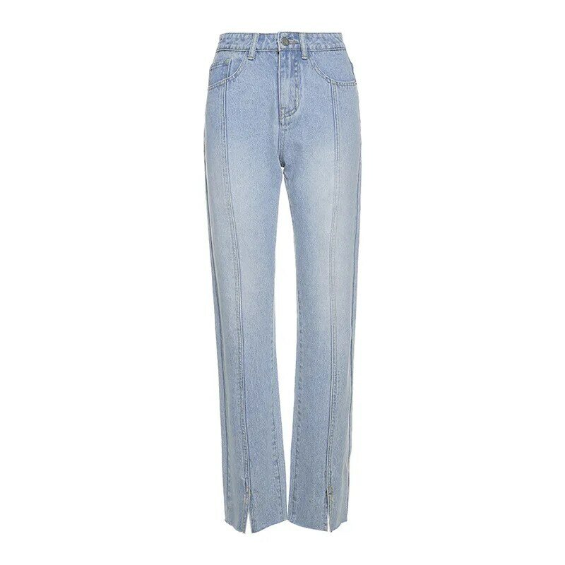 2021 Fall Winter New Style High Waist Fashion Split Vintage Striped Jeans Women Blue Zipper Pants Female Korean Solid Trouser