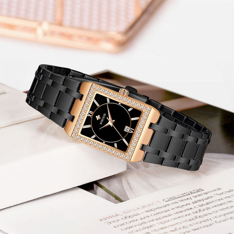 ساعات نسائية جديدة من Reloj Mujer WWOOR باللون الذهبي الوردي ساعات يد نسائية فاخرة مربعة الشكل من الفولاذ المقاوم للصدأ ساعة صغيرة ماسية