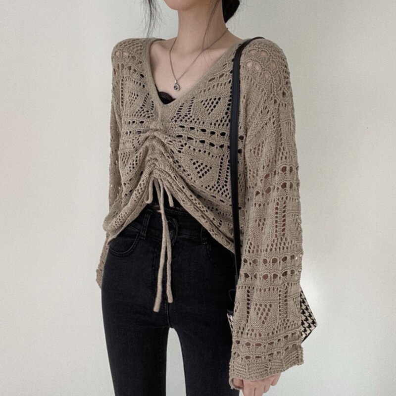 Knitted Hollow Out Pullovers for Women Summer Thin Vintage Retro Drawstring Design Streetwear Korean Style V-neck Sexy Club New