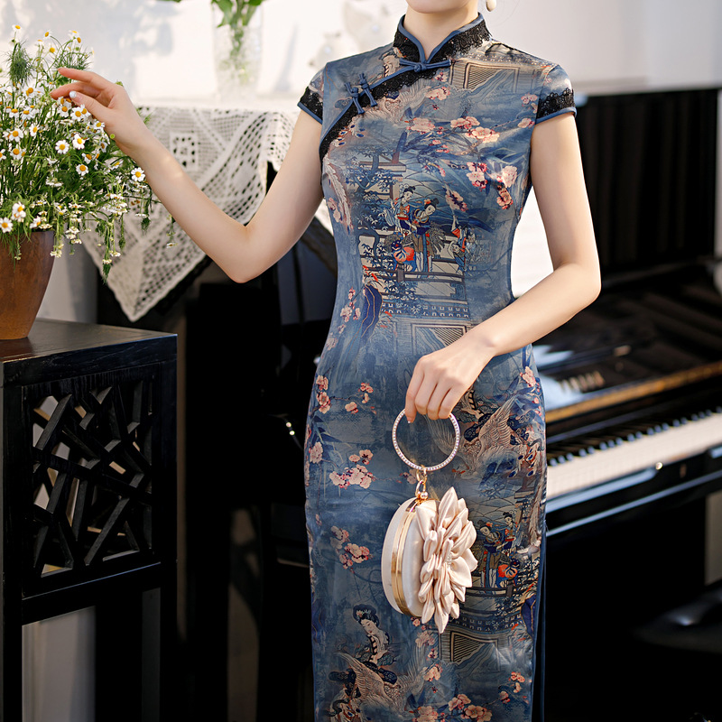 الصينية التقليدية الجانب سبليت طويل تشيباو فستان زهرة طباعة المتضخم 4XL فستان حفلة رسمية Vestidos خمر زر شيونغسام #2