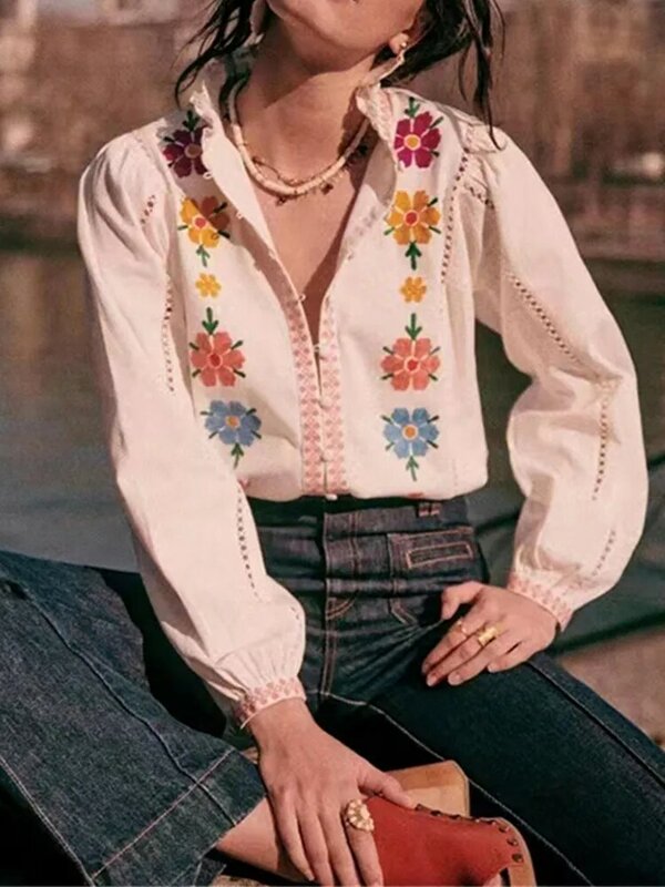 الأزهار التطريز المرأة Vintage الكشكشة قميص بلايز واحدة الصدر طويلة الأكمام بلوزة الإناث الموضة
