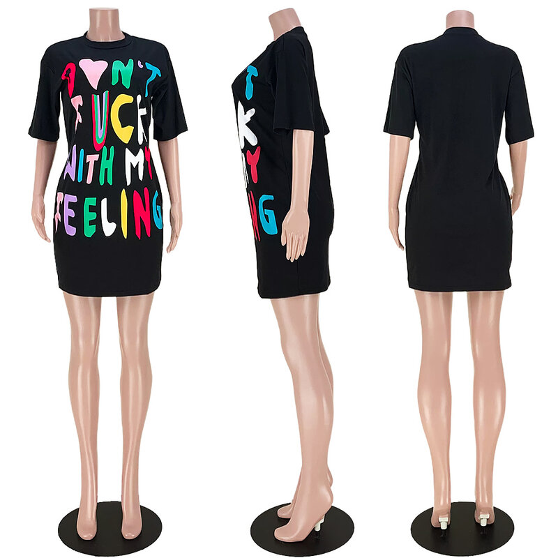 فستان تي شيرت أنيق متعدد الألوان بحروف متباينة للنساء 2022 ملابس صيفية محببة للحفلات والنوادي ملابس نسائية بسعر الجملة