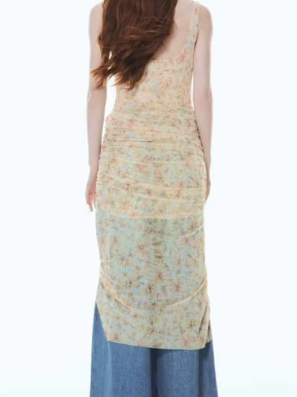 فستان غير رسمي أنيق ومثير من HOUZHOU موضة الصيف مطبوع من القماش الشبكي فستان ذو ثنيات رفيعة وياقة مربعة على شكل حرف a للنساء 2023