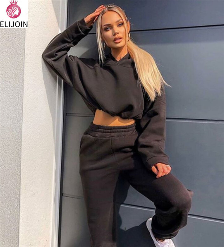 ELIJOIN Autumn and Winter New Fashion Long-sleeved Sports Suit Two-piece Casual Short Padded Hooded Sweater Two-piece Suit #4