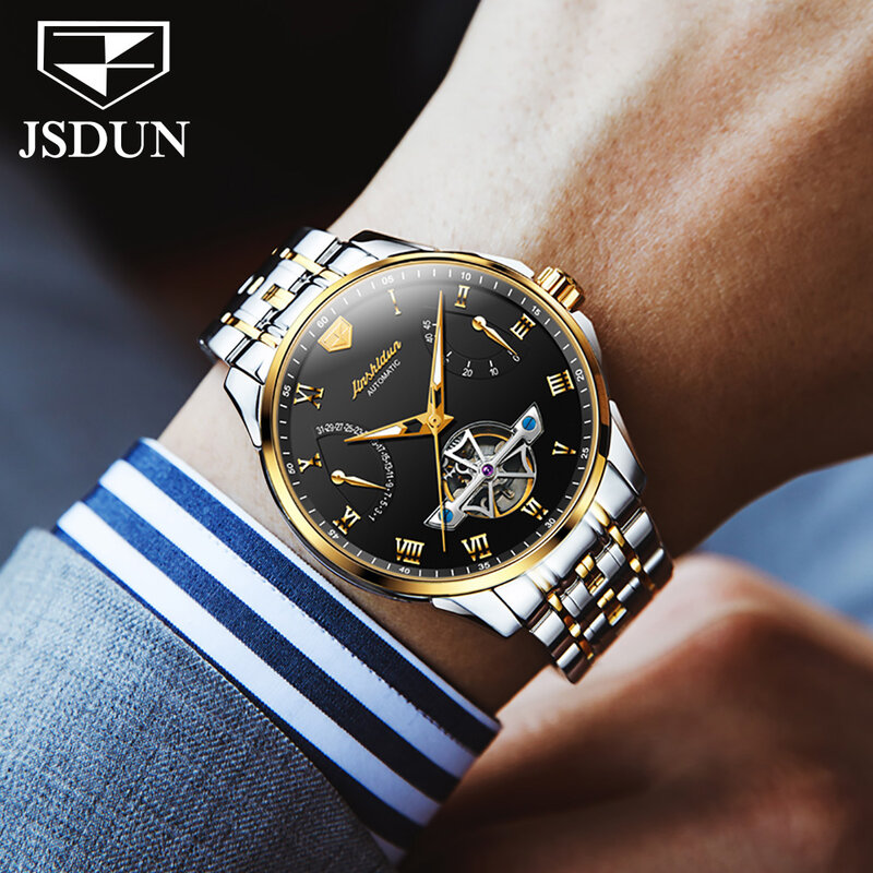 JSDUN الهيكل العظمي التلقائي ساعة ميكانيكية للرجال الفولاذ المقاوم للصدأ حزام متعدد الوظائف التقويم مقاوم للماء الرجال ساعات المعصم