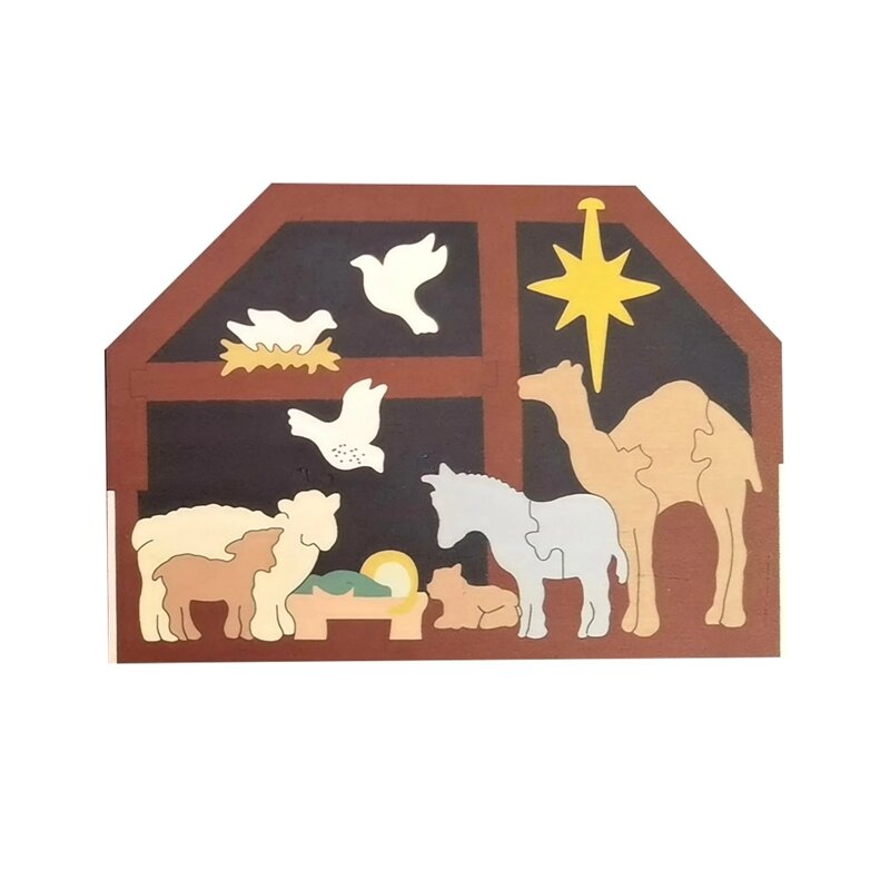 Wooden Statue Nativity Scene Set Baby Jesus Manger Holiday Crib Figurines Miniatures Ornament Church Home Decor