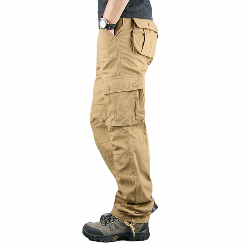 الرجال البضائع السراويل القطن عادية متعددة جيوب العسكرية التكتيكية السراويل الذكور أبلى فضفاض مستقيم بنطلون طويل حجم 29-44 #5