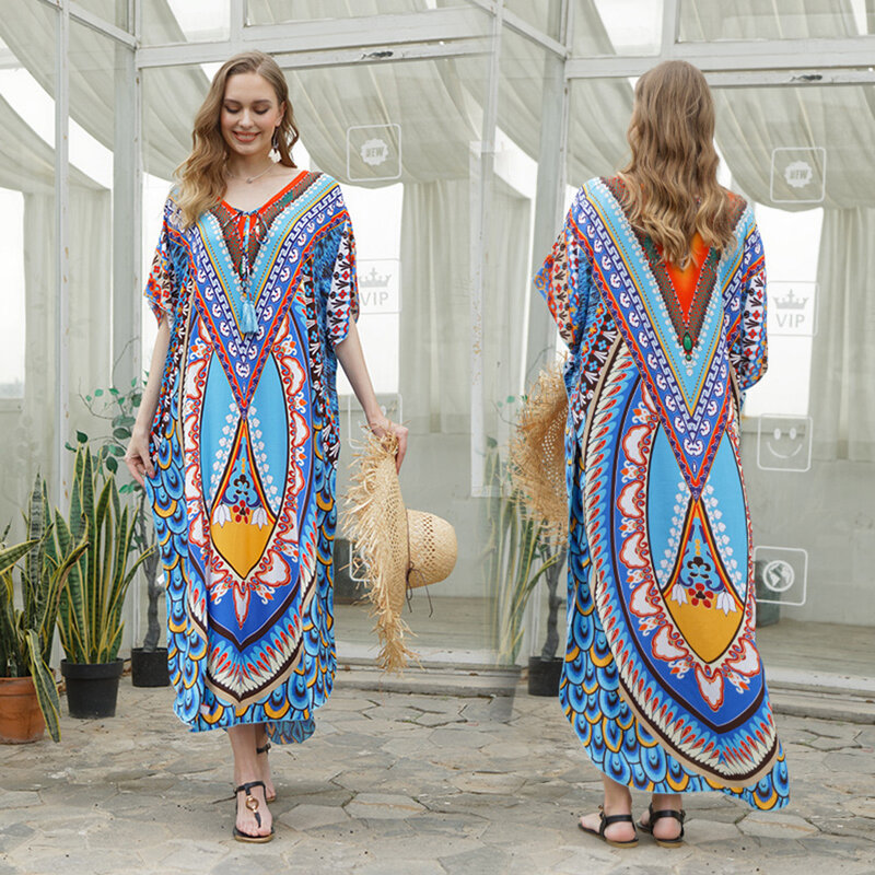 2022 القفطان المغربي البوهيمي مطبوعة فستان صيفي طويل تونك المرأة حجم كبير ملابس الشاطئ لباس سباحة التستر رداء دي بلاج