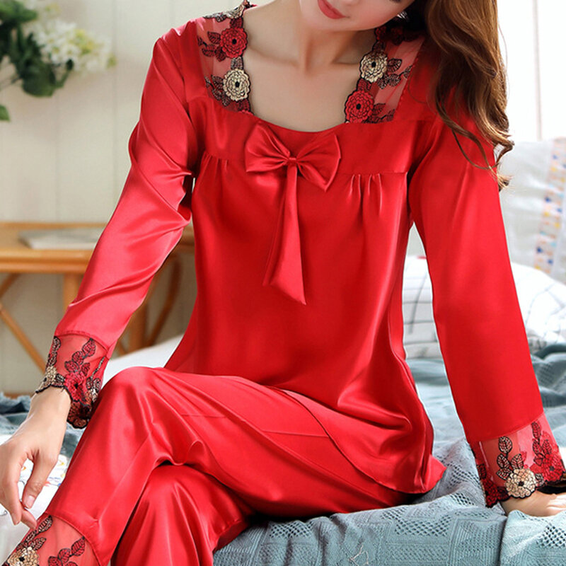 2022 Women Pajamas Two-piece Long Sleeve Pants Lace Decoration Silk Cloth Leisure Homewear Square Collar Design Nightgown