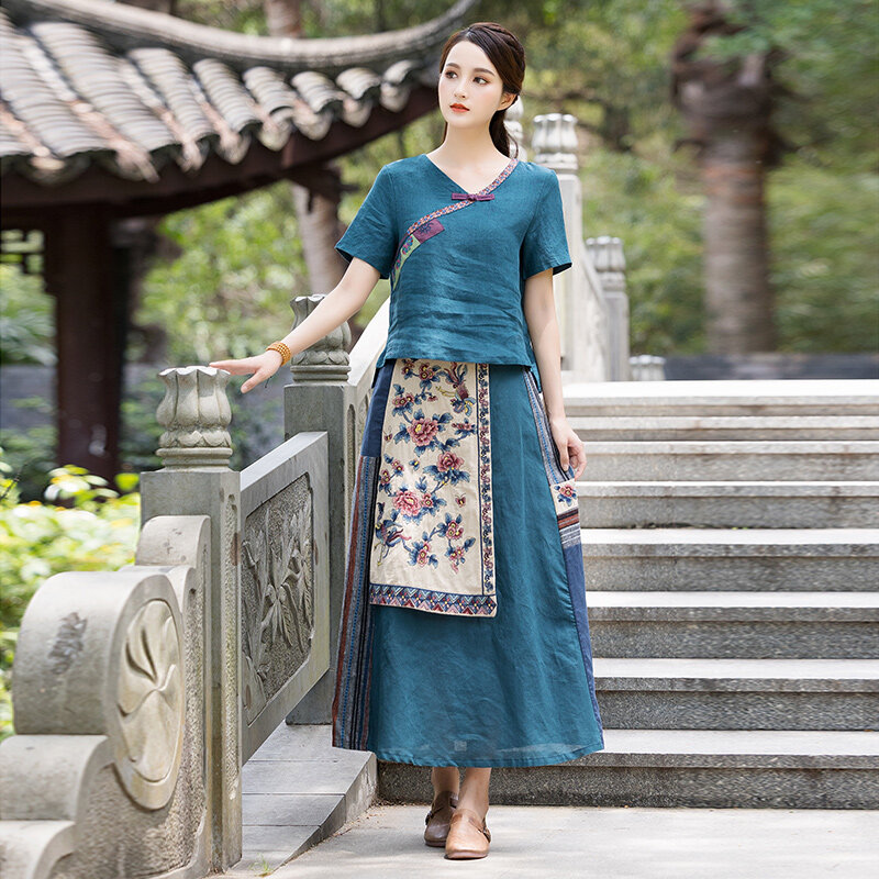 تنورة طويلة مطرزة بالقطن والكتان بتصميم عرقي على الموضة صينية لعام 2022 بخصر مطاطي تنورة بتصميم خياطة من النوع a