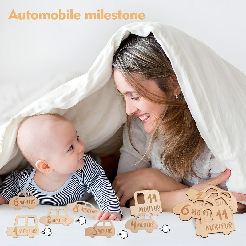 15pcs/set Baby Milestone Cards Car Shape Wooden Infants Birth Growth Record Card Handmade Newborn Birth Gift Photography Props
