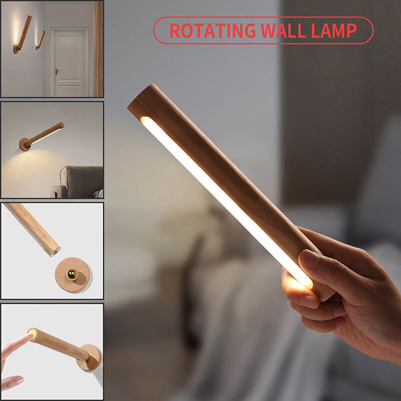 مصباح ضوء ليلي خشبي قابل للتدوير بمنفذ USB ضوء شحن يعمل باللمس مع خاصية التحكم في الممر بدون توقف مستشعر LED مصباح جداري لغرفة النوم