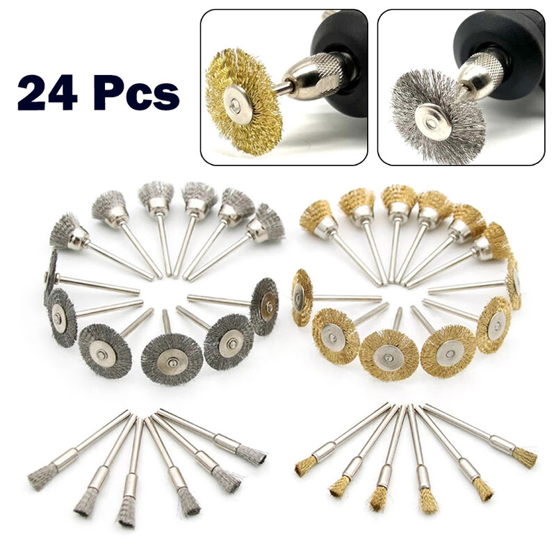 24Pcs Brass Brush Steel Wire Wheel Brushes Rotary Tool For Metal Rust Removal Cleaning Derusting Deburring Polishing Tool #1