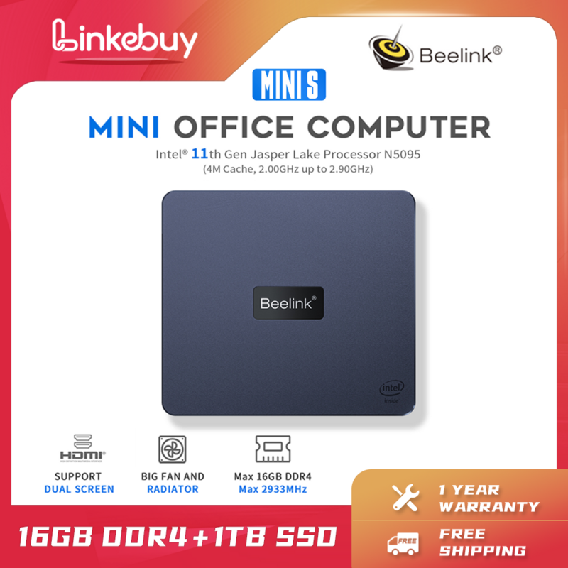 Beelink Mini S Windows 11 جهاز كمبيوتر صغير إنتل 11th Gen Jasper Lake N5095 DDR4 8G 128G 16GB 512GB SSD ثنائي واي فاي BT4.0 1000M LAN سطح المكتب