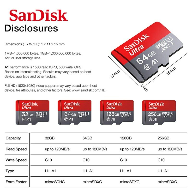 100% الأصلي سانديسك الترا مايكرو SD 128GB 64GB 32GB 256GB الذاكرة بطاقة مايكرو بطاقة TF/SD فلاش بطاقة C10 للهاتف UAV GPS