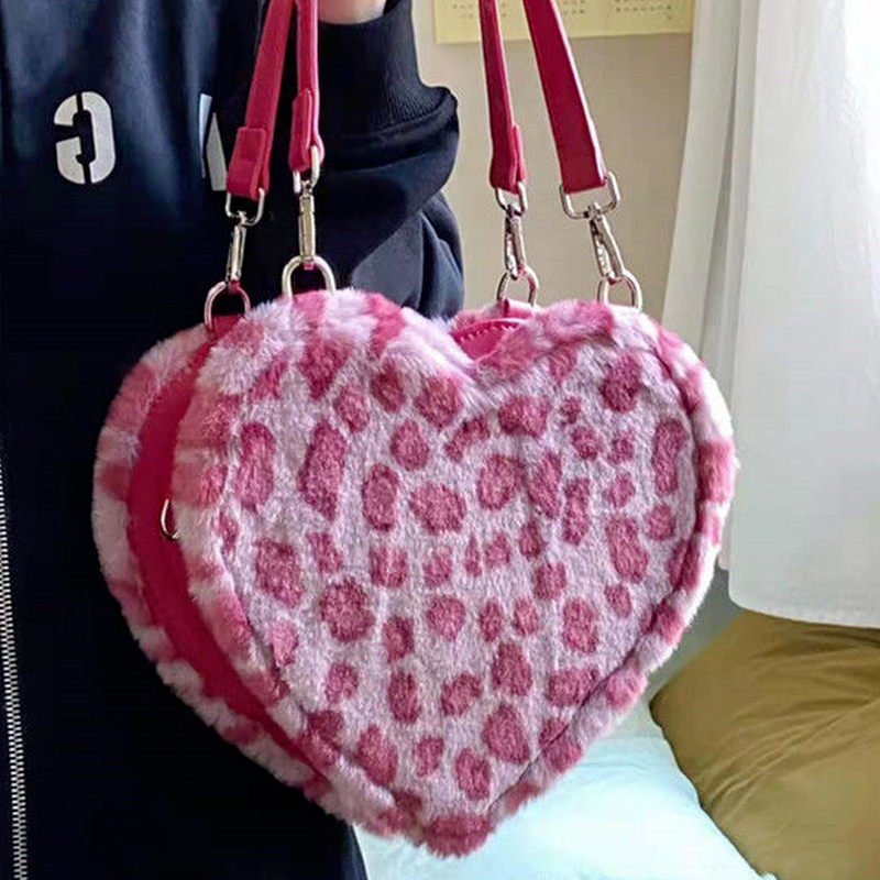 Xiuya اليابانية القوطية لوليتا حقيبة كتف المرأة الوردي ليوبارد الأرنب حقيبة من الفرو شكل قلب حقائب الإناث مع سلسلة المحافظ النساء