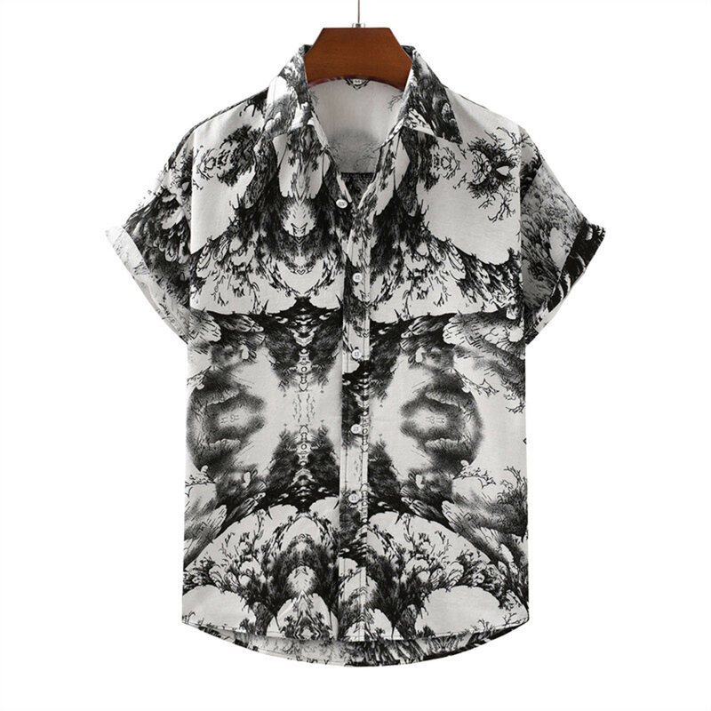 قمصان كلاسيكية من القطن والكتان قميص مطبوع ثلاثي الأبعاد قمصان رجالية غير رسمية بياقة على شكل طية صدر السترة وأكمام قصيرة قمصان رجالية للارتداء اليومي Blusas 2023