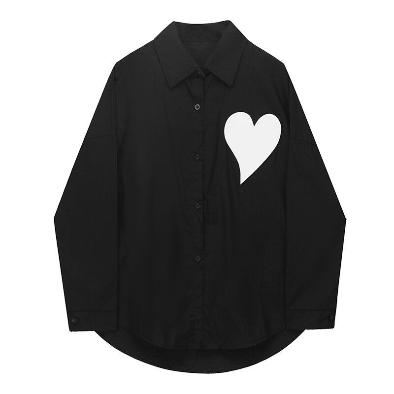 واحدة الصدر Vintage القلب طباعة مخطط أسود أبيض طويل الأكمام قميص المرأة الربيع بلوزة فضفاضة الإناث سترة محايدة